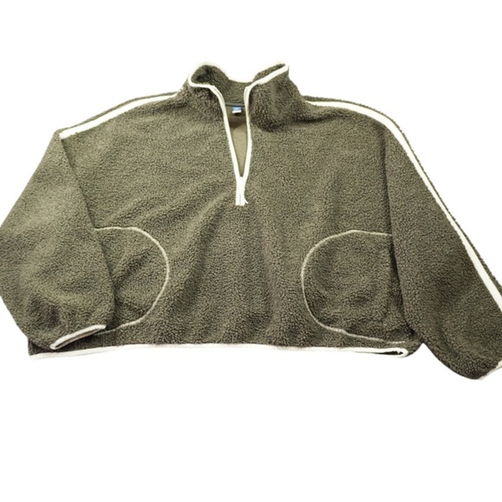Old Navy Women 4X Sherpa Fleece Half Zip Pullover Olive Green Cropped Sweatshirt